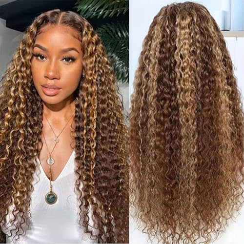 Highlight 5x5 HD Lace Closure Wigs Human Hair Deep Wave P4/27 Ombre Lace Closure Wig for Black Women 180 Density Honey Blonde Closure Wigs Pre Plucked Glueless 24 Inch