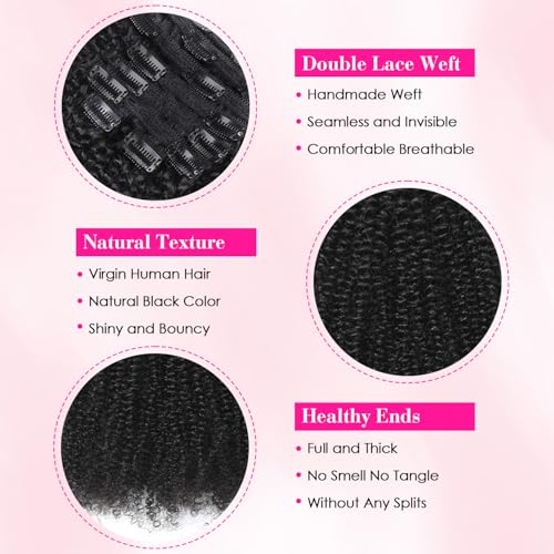 Afro Kinky Curly Clip In Hair Extensions 120g Brazilian Virgin Human Hair for Black Women 4B 4C Natural Black 8Pcs 20 Clips Seamless & Tangle-Free 20 Inch