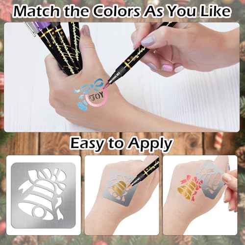 Christmas Temporary Tattoo Markers for Skin, 8 metallic Body Markers + 155 Temporary Tattoo Stencil Stickers, Face Body Paint Kit for Kids and Adults, X-Mas Party Gift