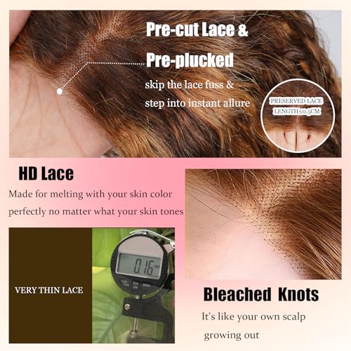 Closure Bob Wig Human Hair Chocolate Brown Glueless Wigs Human Hair Pre Plucked Pre Cut Short Glueless Wig Middle Part Curly Bob Wig Water Wave Lace Frontal Wigs Human Hair For Black Women 14Inch