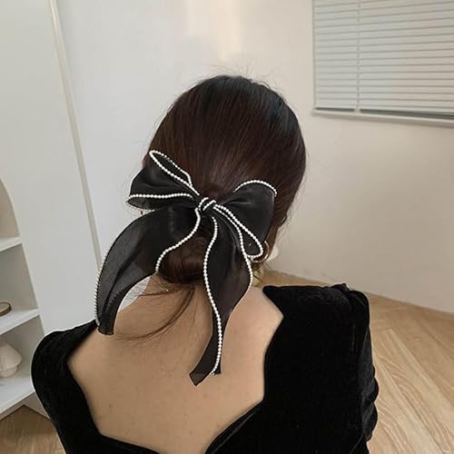 Black Hair Bow for Women Girls Long Ribbon Bowknot Spring Hair Clips for Thick Curly Hair French Big Organza Bow Ponytail Holder Nonslip Pearl Hair Barrette Snap Hairpins Sweet Hair Accessories