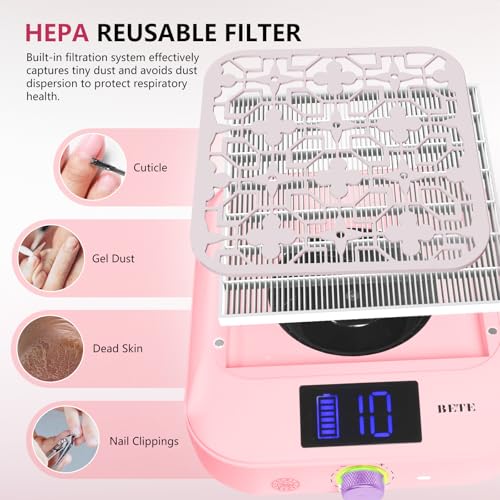 BETE Cordless Nail Dust Collector, Portable Vacuum Fan Vent Extractor with Powerful & Quiet Suction, Rechargeable Battery, LED Display for Acrylic Nails Polishing at Salon & Home, Pink