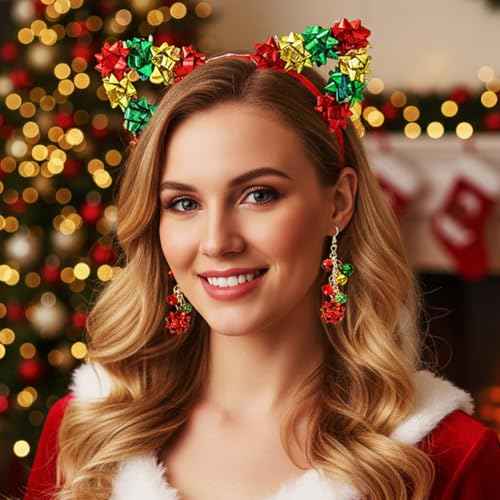 Sixexey Cat Ear Headband Set Jingle Bell Earrings Holiday Party Hair Accessories for Women