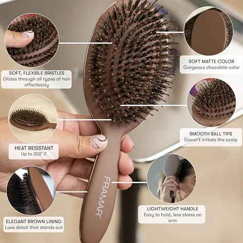 FRAMAR Soft Boar Bristle Hair Brush For Women ? Boars Hair Brush For Women, Boar Brush For Fine Hair, Hairbrush For Fine Hair, Soft Bristle Brush For Slick Back, Volume and Shine - Chocolate