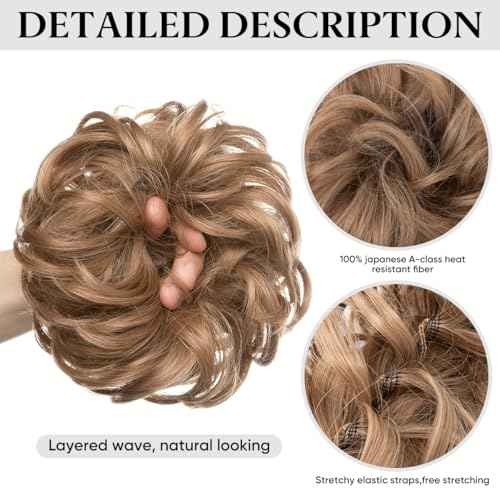 SARLA 2PCS Messy Hair Bun Hair Pieces Wavy Curly Synthetic Updo Fake Scrunchies Ponytail Extension for Women Dark Chocolate
