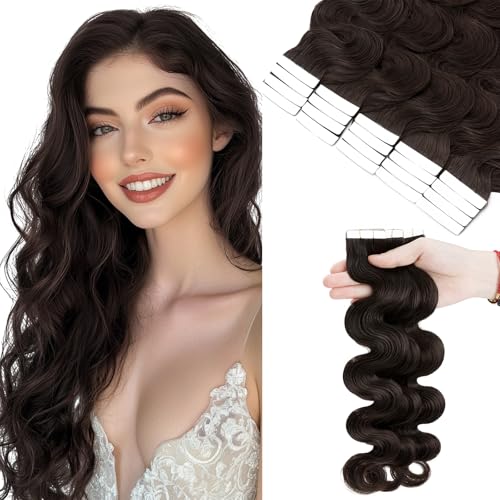 Wavy Tape In Hair Extensions Real Human Hair with Double-Sided Adhesive Professional Hair Extensions for Women 40pcs Body Wave 14 Inches Dark Brown