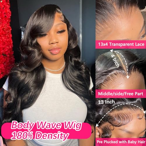 20 Inch Human Hair Wig Body Wave Lace Front Wigs 180% Density 13x4 HD Transparent Lace Frontal Wigs Natural Black Color Pre Plucked Hairline Glueless Wigs for Women