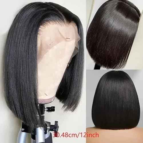 Bob Wig Human Hair 180% Density 13x4 HD Transparent Lace Front Wigs Human Hair Pre Plucked Short Bob Glueless Straight Wigs Human Hair for Women Natural Black 12 Inch