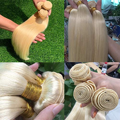613 Blonde Human Hair Bundles with Closure 100% Brazilian Virgin Straight Bundles with 4x4 Lace Closure 613 Platinum 3 Straight Bundles Human Hair Weave with 4x4 Lace Closure (10 12 14+10)