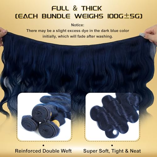 Dark Blue Body Wave Human Hair Bundles, Quick Weave Sew In Wavy 12A 100% Brazilian Virgin Hair, Soft Glossy Thick, Perfect for Quick Weave Sew-In Styles Single Bundles 22 Inch