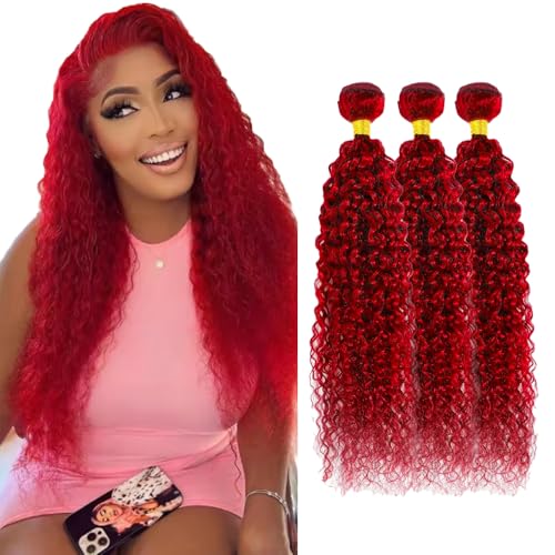 Red Bundles Human Hair GveoXvo Burgundy Kinky Curly Bundles 18 20 22 Inch Peruvian Virgin Soft Bright Red Bundle Hair Extensions