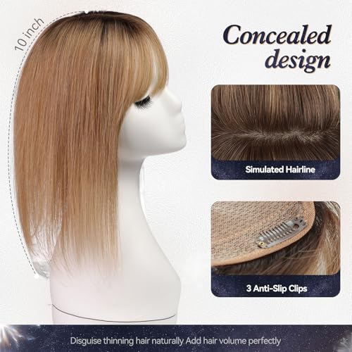 starluck Hair Toppers for Women Real Human Hair with Bangs 4.5"*5.5"Large Base 10 Inch 100% Real Human HairToppers for Women with ThinningHair(ombre Light Brown)