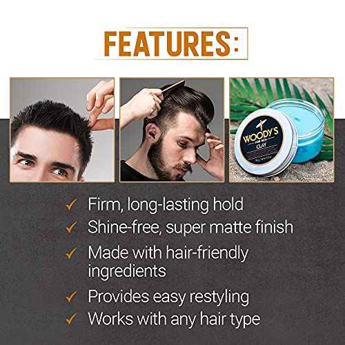 Woody's Hair Clay for Men ? Matte Finish, Styling Pomade for Men Stronghold, Firm and Flexible Control, 3.4 oz. 2-Pack