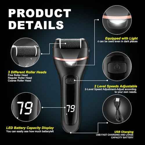 Electric Foot Callus Remover with 3 Roller Heads 2 Speed Rechargeable,Professional Pedicure Pedicure Kit Waterproof Foot Scrubber File,Pedicure Tools,Foot Care for Dead Hard Cracked Dry Skin
