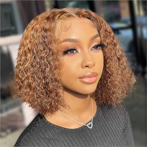 Curly Bob Wig Human Hair Deep Wave 13x4 HD Lace Front Wigs For Black Women Human Hair Pre Plucked Wear And Go Glueless Short Wet And Wavy Ombre Honey Blonde Highlight Color 4/27 12 Inch