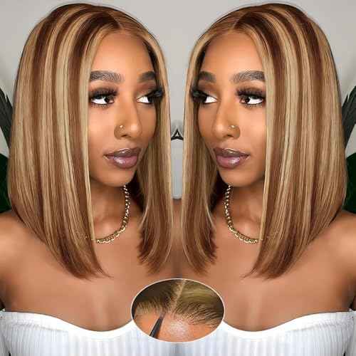 Ombre Bob Wig Human Hair 4/27 Highlight Honey Blonde Lace Front Bob Wigs Human Hair 180% Density Glueless Wigs Human Hair Pre Plucked Pre Cut 4x4 HD Lace Front Wigs Human Hair for Black Women 12 inch
