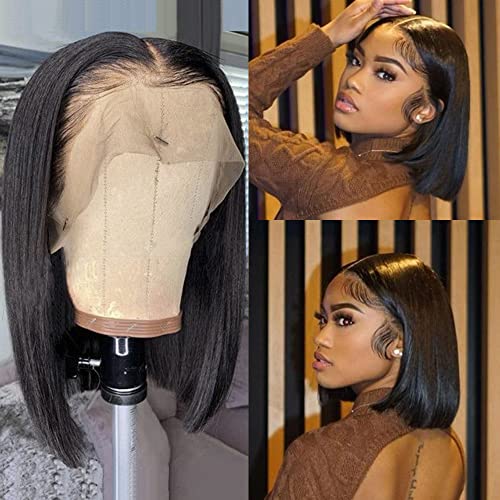 13x6 Lace Front Wigs Human Hair Bob Wig Human Hair Frontal Lace Wig Glueless Wigs Human Hair Pre Plucked Transparent Short Wigs for Women 150% Density (Natural color 13X6 straight bob, 16 Inch)