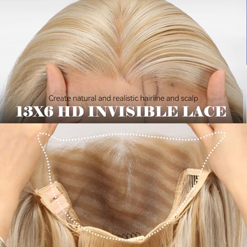 HAIRCUBE 13X6 HD Synthetic Lace Front Glueless Wig, 24 Inch Blonde Highlight Layered Wig, Natural Density Hairline Human-Like Wigs for Women