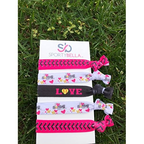 Infinity Collection Softball Hair Ties, Pink, White, Black Hair Accessories for Girls, Softball Player and Softball Teams, 5 Ponytail Holders