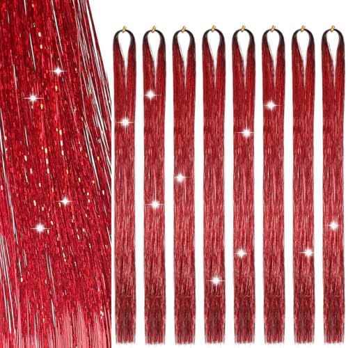 Hair Tinsel 8 Packs 1600 Strands 50 Inch Tinsel Hair Extensions Red Heat Resistant Glitter Sparkling Shinny Fairy Hair Accessories for Women and Girls(Red, 50Inch)