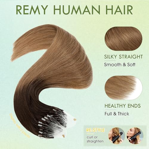 Hairro Microlinks Hair Extensions Real Human Hair Micro Ring Beads Remy Hair Extension Cold Fusion I Tip Loop Stick Hairpiece For Women 22 inch 50g 100 Strands #2T6 Dark Brown Ombre Light Brown