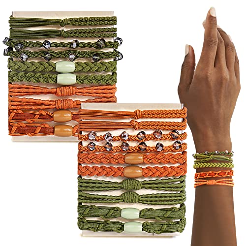 Hair Ties Bracelets, 20 Pcs Boho Hair Ties for Women, Crystal Bracelet Hair Ties (Green+Brown), 5 Styles, Cute Hair Tie for Thick Hair/Pony Tails, No Damage for Girls