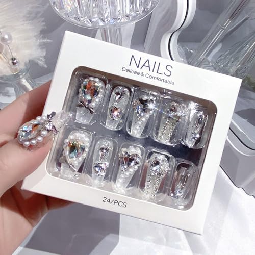 Luxury Press on Nails Coffin Medium Fake Nails Luxury Rhinestones 3D Charm Acrylic Nails Press ons Handmade Glue on Nails Glossy Stick on Nails for Women 24 Pcs