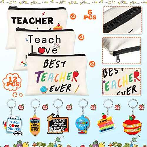 Nosiny 18 Pcs Teacher Appreciation Gifts Set 12 Teacher Keychains Bulk 6 Makeup Pouch Cosmetic Bag Thank You Gifts for Women Christmas