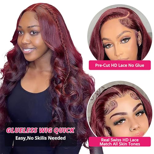 Wear and Go Glueless Wigs Human Hair Pre Plucked Pre Cut for Beginners 99j Burgundy Lace Front Wigs Human Hair Upgraded No Glue 5x5 HD Body Wave Lace Closure Wigs Human Hair for Women 24 Inch
