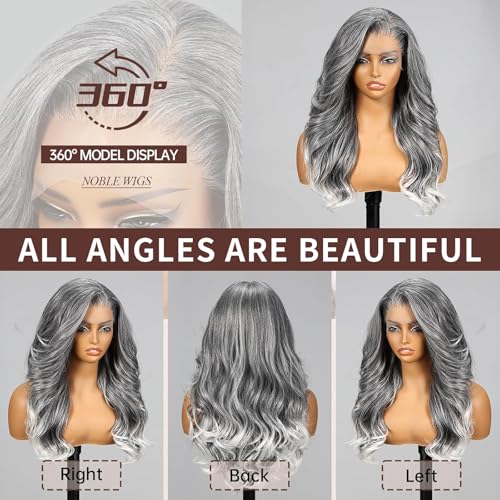 Allbell 13x6 Grey Lace Front Wig for Black Women,Glueless Synthetic HD Lace Wigs,22Inch Body Wave Hair Replacement
