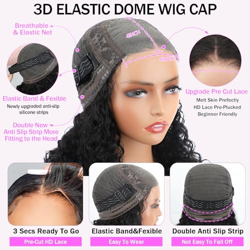 Put On and Go Glueless Wigs Human Hair Pre Plucked Pre Cut Lace Closure Wigs for Black Women 200% Density Glueless Deep Curly Bob Wig Human Hair 30 Seconds Install for Beginners Natural Color 14 Inch