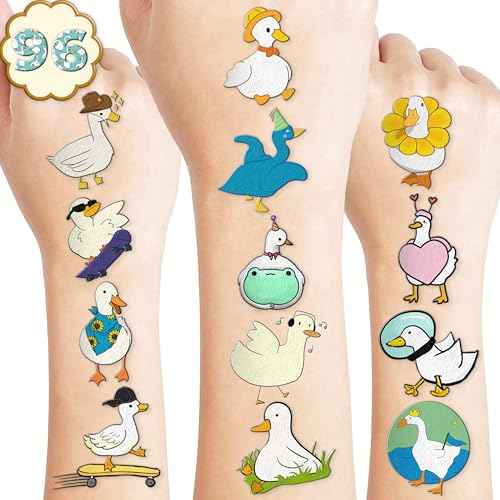 Duck Pre-Cut Temporary Tattoos 8 Sheets 96 PCS Silly Goose Party Decorations Supplies Favors Geese Animals Theme Birthday Cute Stickers Christmas Gifts for Boys Girls Class School Carnival (Normal)