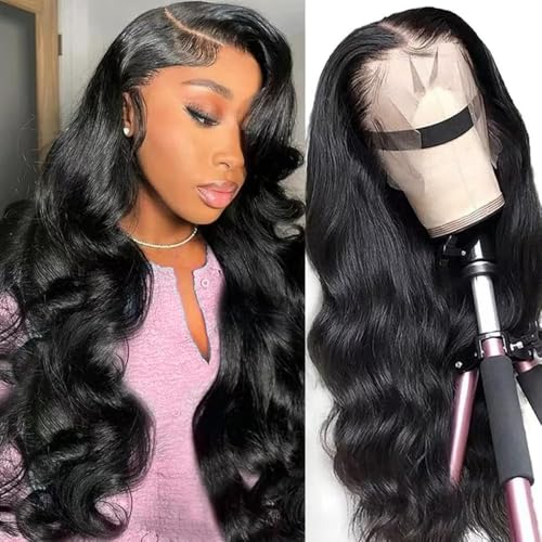 20 Inch Human Hair Wig Body Wave Lace Front Wigs 180% Density 13x4 HD Transparent Lace Frontal Wigs Natural Black Color Pre Plucked Hairline Glueless Wigs for Women