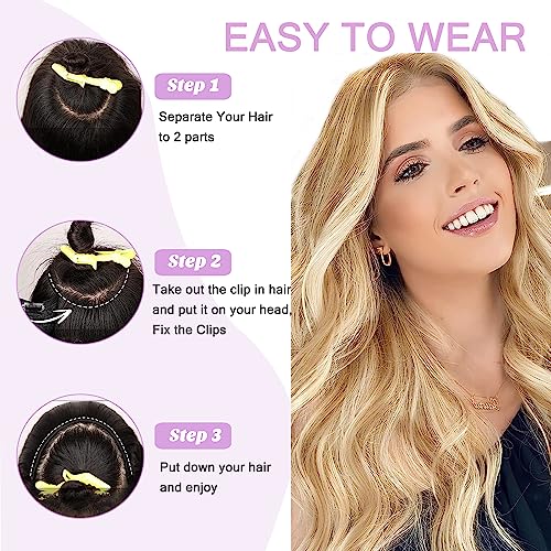 100G Clip in Real Human Hair Extensions - 22Inch Balayage Chestnut Blonde to Platinum Blonde Ombre - 3/4 Full Head One Piece Clip Ins - V Shape Invisible Curly Clip on Hair Extensions
