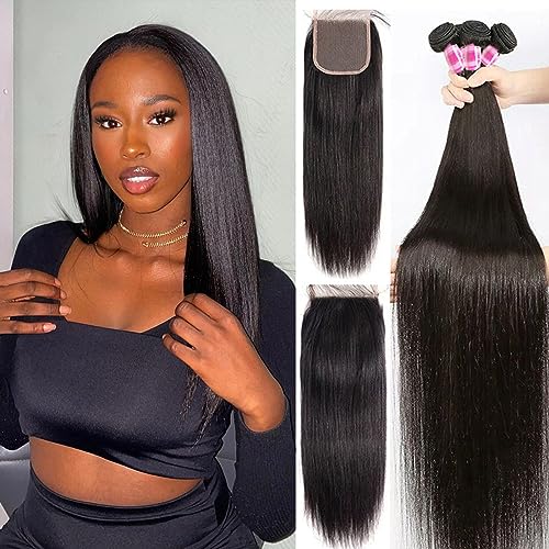 Brazilian Straight Bundles with Closure Human Hair Weave 3 Bundles and 4X4 HD Lace Closure (14 16 18+12 Inch) Unprocessed Virgin Remy Hair Free Part for Women