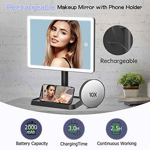 FUNTOUCH Rechargeable Makeup Vanity Mirror with Lights, Large Lighted Desk Makeup Mirror with 96 LED Lights and 10x Magnifying, 3 Color Lighting, Make up Light Mirror with Phone Holder