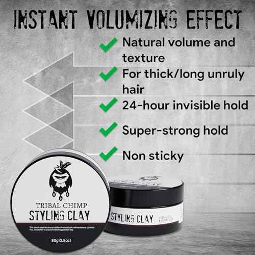 Tribal Chimp Hair Styling Clay ? Super Strong Hold Matte Clay for Men & Women, Non-Sticky, Textured, Instant Volume & Thickening, Ideal for all Hair Types, Citrus Scent, 80g