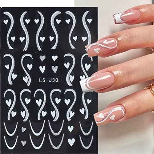 6 Sheets Snowflakes Nail Art Stickers Self-Adhesive Winter Nail Art Supplies Christmas Nail Stickers Glitter Snowflake French Stripe Design 3D White Gold Nail Decals for Women Xmas Nail Decor Charms