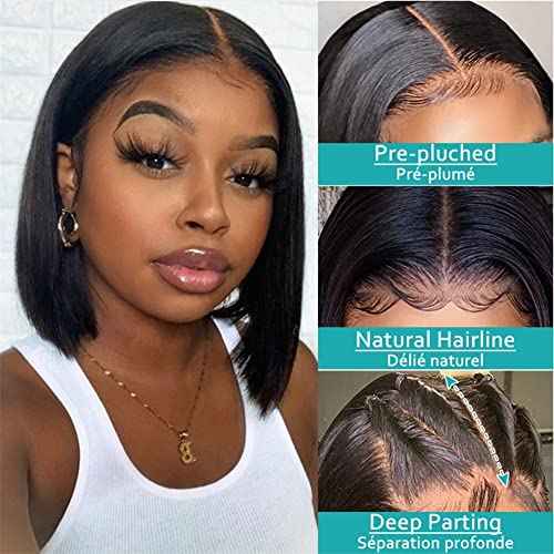 CHUDI 4x4 Bob Lace Front Wigs Straight Human Hair 180% Density Glueless Bob Lace Closure Wigs for Women Middle Part Wigs Unprocessed Brazilian Virgin Human Hair 8 inch