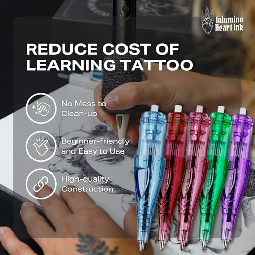 Inlumino Heart Ink Ballpoint Dot Pen Tattoo Cartridges for Tattoo Practice on Paper. 10 0.5mm Tattoo Cartridges for Beginners to Learn How to Tattoo - 2 Pink, 2 Red, 2 Purple, 2 Blue & 2 Green