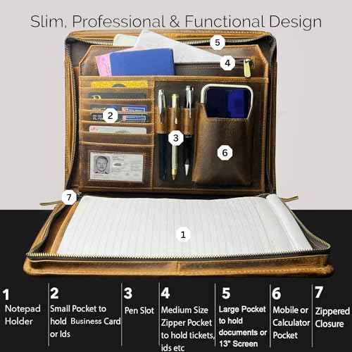 RUSTIC TOWN Leather Portfolio for Men - Full Grain Leather Padfolio Folder - Zipper Folio Documents Organizer - Professional Business Executive Gift for Men Women