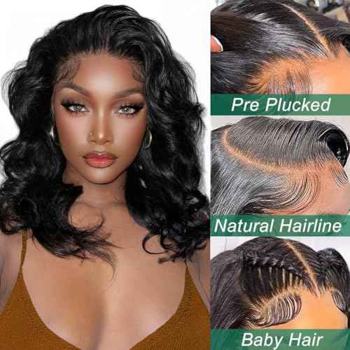 Douyin Bob Wig Human Hair 13x4 Frontal Lace Wig 14 Inch Body Wave 180% Density HD Lace Front Wigs Human Hair Pre Plucked Bob Wigs for Women (14 inch, Natural Black)