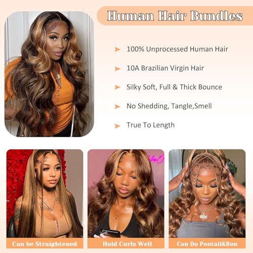 Ombre Human Hair Bundles P4/27 Body Wave Bundles Human Hair Highlight Brown 3 Bundles 10 12 14 Inches 100% Unprocessed Brazilian Virgin Weave Human Hair Extensions