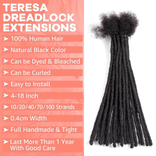 Teresa Small 0.4cm and Medium 0.8cm Width 100% Human Hair Dreadlock Extensions for Men/Women/Kids Full Hand-made Permanent Dread Locs Human Hair Can be Dyed and Bleached (16 Inch-20Strands)