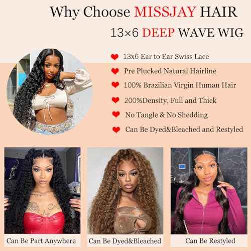 MISSJAY Hair 22 Inch Deep Wave Lace Front Wig Human Hair 200% Density 13x6 Lace Front Wig with Baby Hair Pre Plucked Deep Curly Wig 100% Unprocessed Brazilian Virgin Hair Natural Color for Women