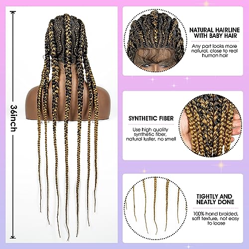 Braided Wigs Synthetic Full Head Lace Wig Braided Wigs for Black Women 36 Inches Braiding Hair 1B/27 Color Lace Frontal Lightweight Artificial Braids Wigs with Baby Hair