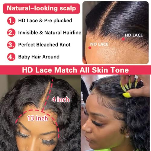 13x4 Deep Wave Lace Front Wigs Human Hair 200% Density Deep Wave Frontal Wigs Human Hair HD Lace 20 Inch Curly Wigs for Black Women Pre Plucked with Baby Hair Curly Lace Front Wig Human Hair