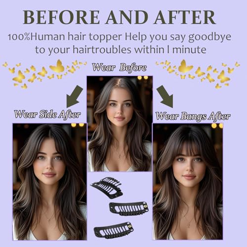 Hair Toppers for Women Real Human Hair, 360¡Æ3D Topper for Women with Thinning Crown Wispy Clip in Bangs Breathable Hand Tied Craft Big Coverage Hairpieces(Black£¨Big Coverage£©, 16 Inch-3D-Wispy)