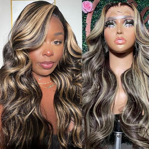 Ombre Lace Front Wig Human Hair Pre Plucked 24 Inch Body Wave 1B/27 Highlight Lace Front Wig Human Hair 180% Density Colored 13x4 HD Lace Frontal Glueless Wigs For Black Women