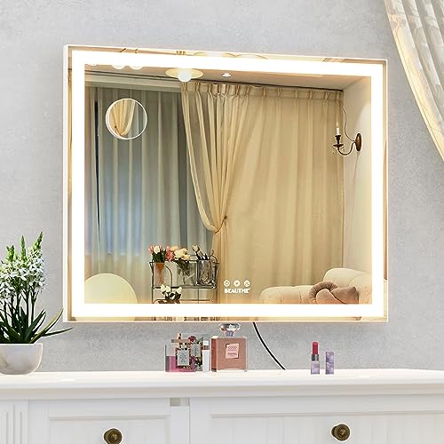 ANYHI Large Vanity Mirror with Lights, 28"x22" Makeup Mirror with Light Strip, 3 Color Modes, Dimmable, Smart Touch Control, Aluminum Frame, Tabletop or Wall Mount, White
